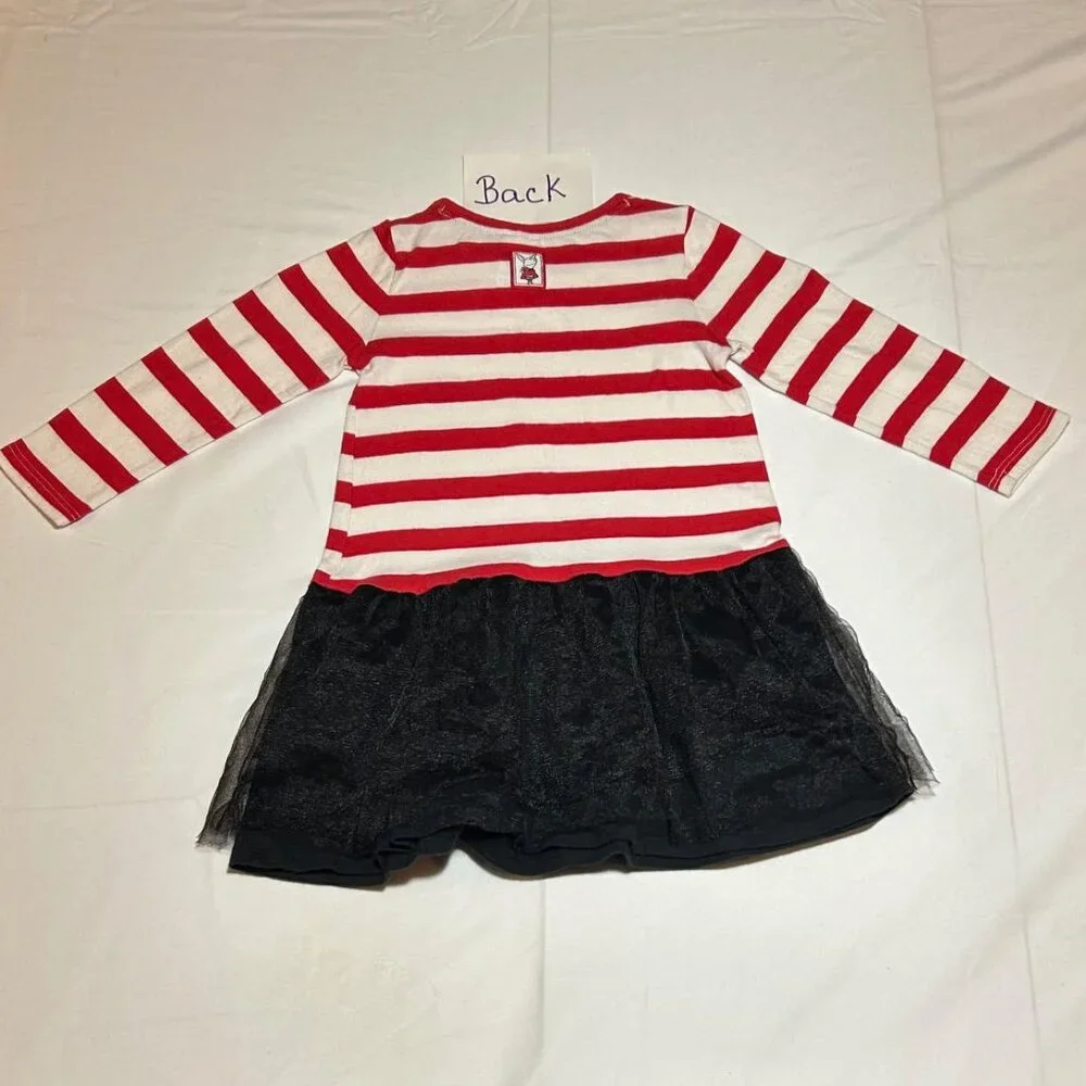 Gymboree Girls 2T Red White Striped Black Mesh Olivia Long Sleeve Dress Bow
